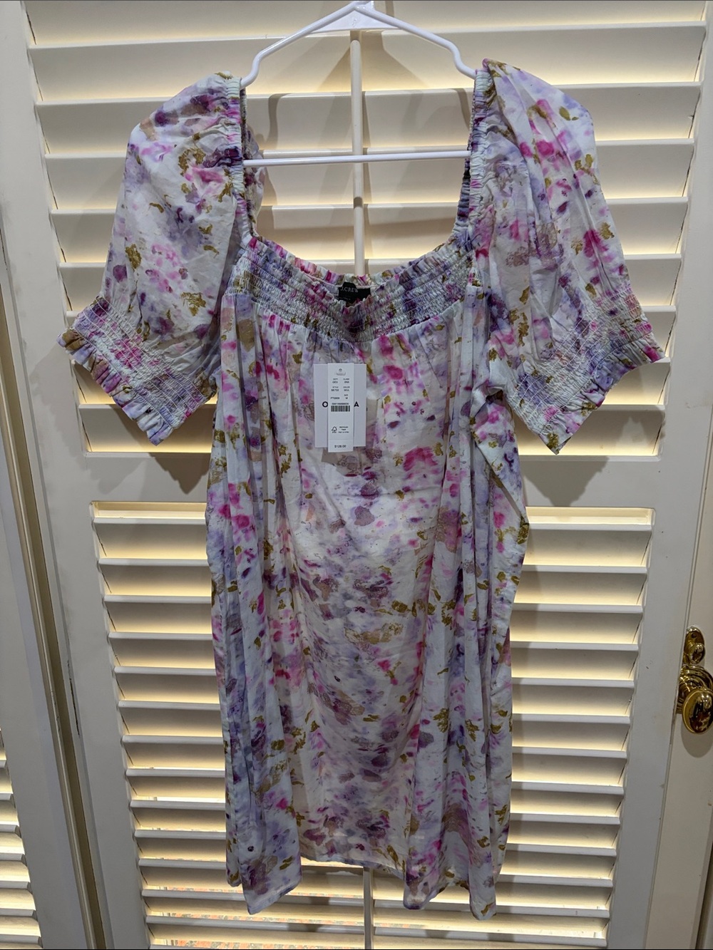 J. Crew Floral Tie-Dye Smocked - Pink, Lavender & Olive dress. Medium NWT